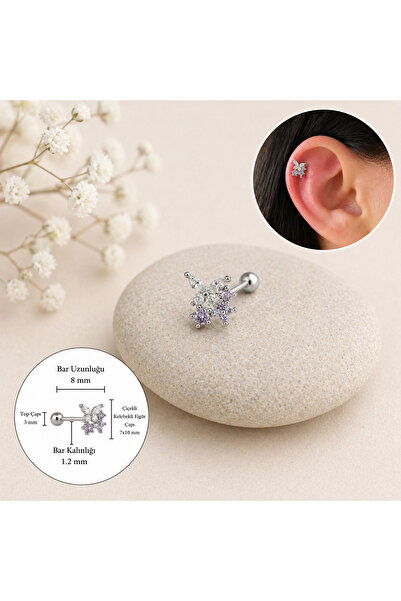 Heppii Çiçekli ve Kelebekli Mini Tragus Helix Piercing Kıkırdak Silver Renk HA