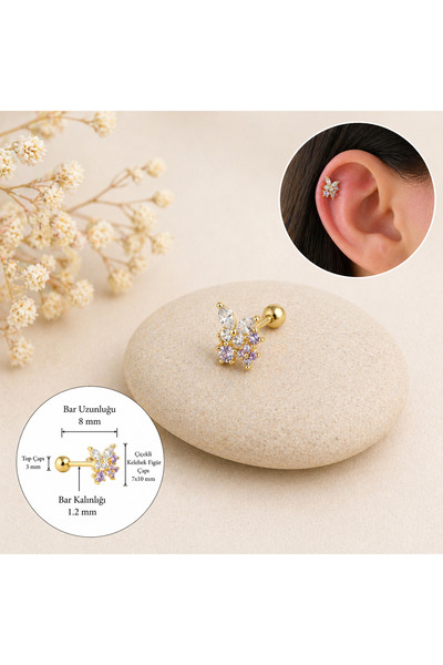 Heppii Mini Çiçekli ve Kelebekli Tragus Helix Piercing Kıkırdak Gold