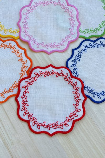 Mora Tekstil Leaf Embroidered Coffee Coaster, Presentation Napkin, Coffee Side Napkin, 6-Piece Cocktail Napkin, Coaster