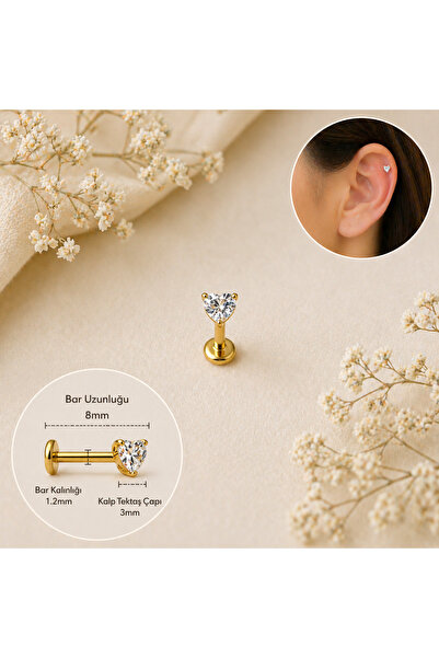Heppii Kalp Model Tektaşlı Cerrahi Çelik Tragus Piercing Helix Kıkırdak Conch...