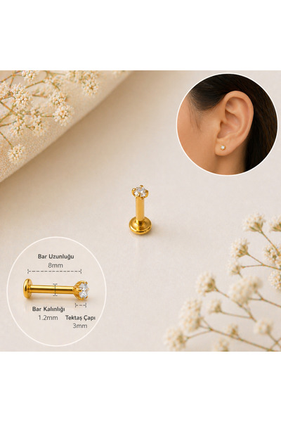 Heppii 3 MM Tektaş Cerrahi Çelik Piercing Tragus Helix Kıkırdak Conch Gold Re...