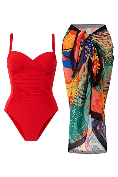 CUPSEA Γυναικείο συσκευαστικό Draped Red Swimsuit Orange Leaf Star Pareo Σετ ...