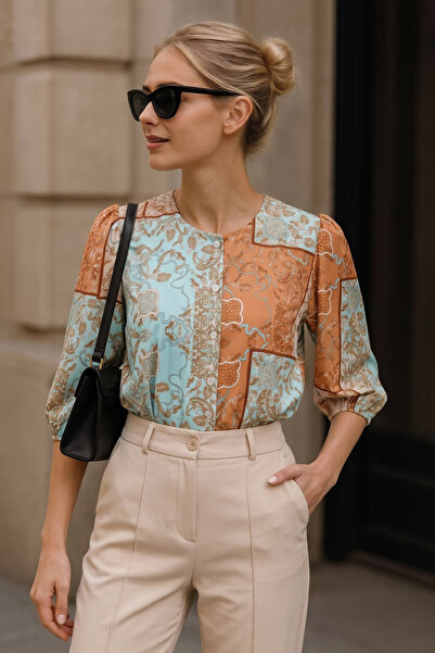 armonika Γυναικείο πουκάμισο με μοτίβο με μανίκια με λαιμόκοψη μουστάρδας ARM...