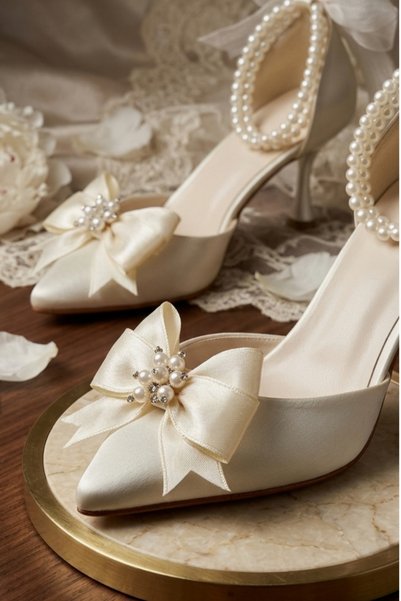 ModaNef Women's 7 cm Bridal Shoes with Pearl Bracelet