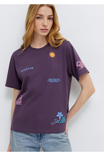 Mavi Lila T-Shirt mit Fahrrad-Print, normale Passform 1613729-70635