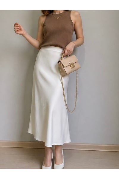 Hisleria Verev Model Σατέν Βισκόζη Υφασμάτινη Μίντι Κρεμ Φούστα