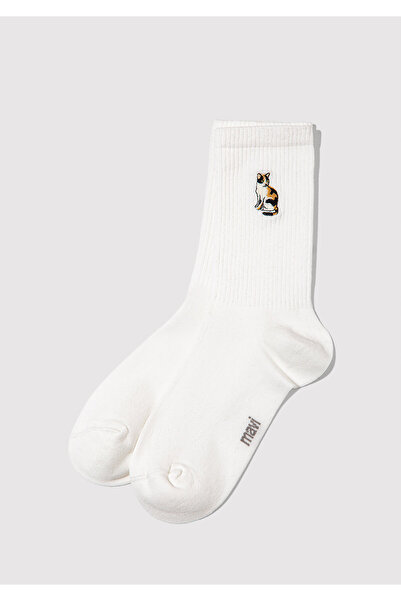 Mavi Ecru-Socken mit Katzenstickerei 1913946-70048