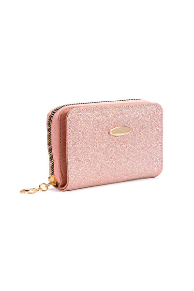 sannora bags Kadın Pembe Simli Bozuk Ve Kağıt Para Bölmeli Fermuarlı Cüzdan