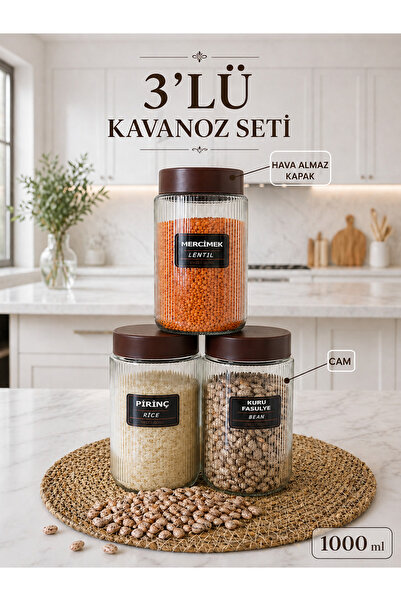 naturelove 3 Adet Hava Almaz Kapaklı Cam Kavanoz Erzak Saklama Kabı - Un Bakl...