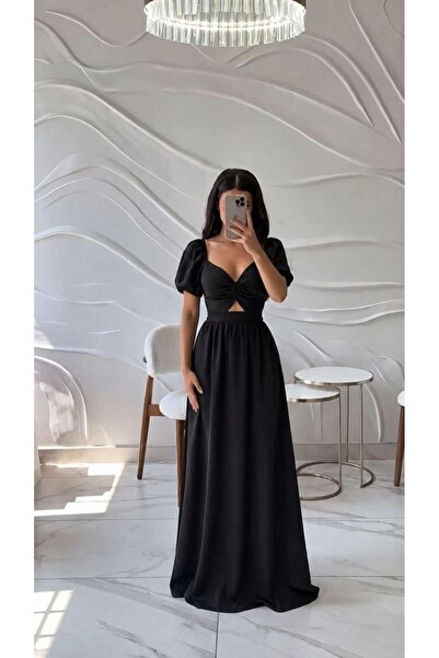 Modafeminen Μαύρο μακρύ βραδινό φόρεμα με λεπτομέρεια κόμπου 583008