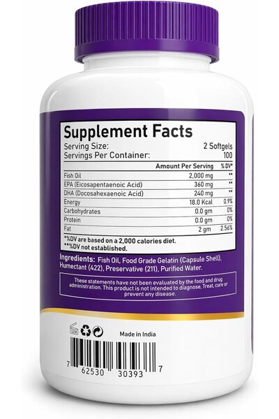 NBL Natural Omega 3 Fish Oil 2000 mg 360 EPA 240 DHA Double Strength, Cardiovascular 200 Softgels