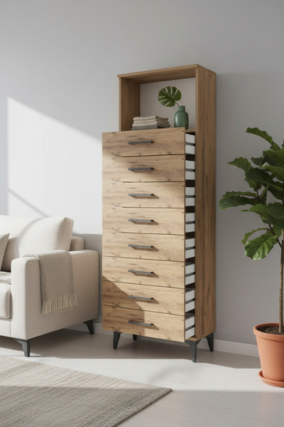 Dienni Arges Dolap Tek Raflı 8 Çekmeceli 60x30x182 Çam-Çam