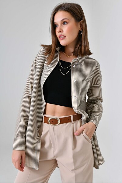 Saade Καφέ Ζαρωμένο Λεπτομερές Ριγέ Πουκάμισο