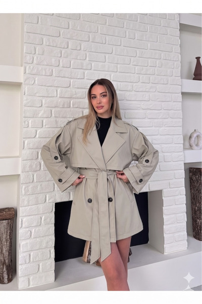 VESS MODA Γυναικείο κοντό παλτό με λεπτομέρεια με κορδόνια και κουμπιά, πέτρα