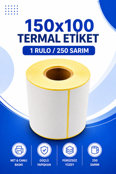 Küresel Etiket Barkod 150x100mm Termal Etiket | 1 Rulo | 250 Sarım | Ribonsuz...
