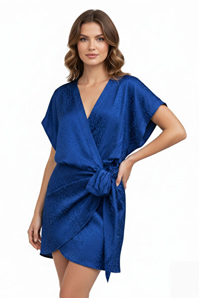 Deriderim Saks Mavisi Kimono Kollu V Yaka Anvelop Elbise