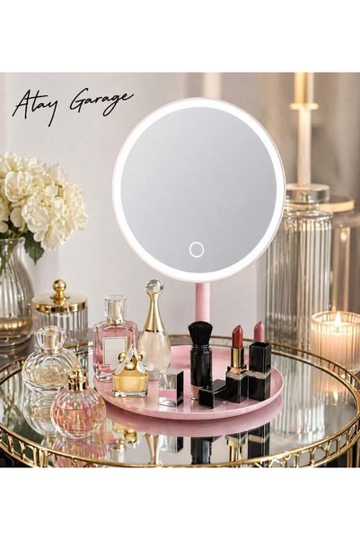 Atay Garage Led Lighted Makeup Mirror with Stand Organizer – Touch Light – Pink