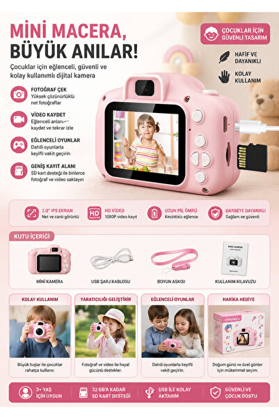 resolut Dijital Fotoğraf Makinesi Mini Çocuk 1080p Hd Kamera Selfie
