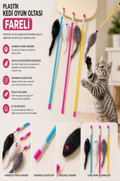 House Bird Plastik Kedi Oyun Oltası Fareli – Renkli Saplı Avcılık Oyuncağı