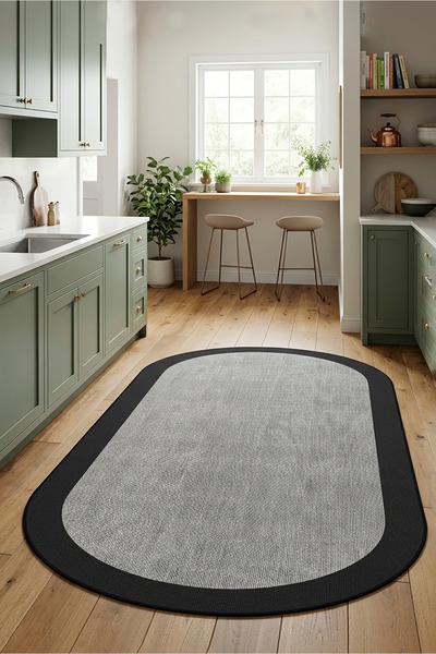 Decomia Home Dijital Kaymaz Gri Jüt Görünümlü Oval Siyah Çerçeveli Mutfak Halısı Salon Halısı Halı Yolluk