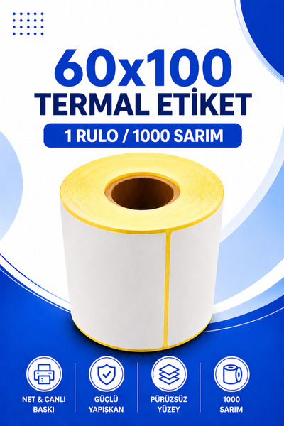 Küresel Etiket Barkod 60x100mm Termal Etiket | 1 Rulo | 1000 Sarım | Ribonsuz...