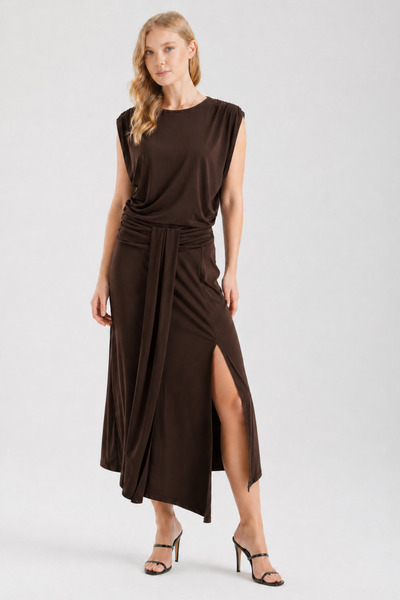 By Yaren Yazıcı Women's Brown Draped Asymmetrical Slit Belted Maxi Dress – Sk...