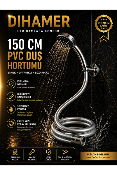 Dihamer GRİ 150 cm PVC Duş Hortumu – Esnek, Dayanıklı, Sızdırmaz Krom Bağlantılı Universal Duş Başlığı Hortumu