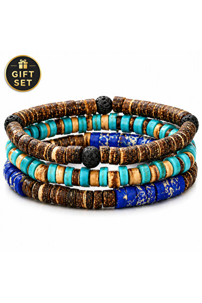 OutfitModa Brățări Bărbați Turcoaz – Set Mărgele Premium, Elastic, Stil Casua...