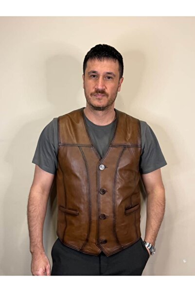 Kuzu Derisi Taba Renkte Hakiki Deri Yelek