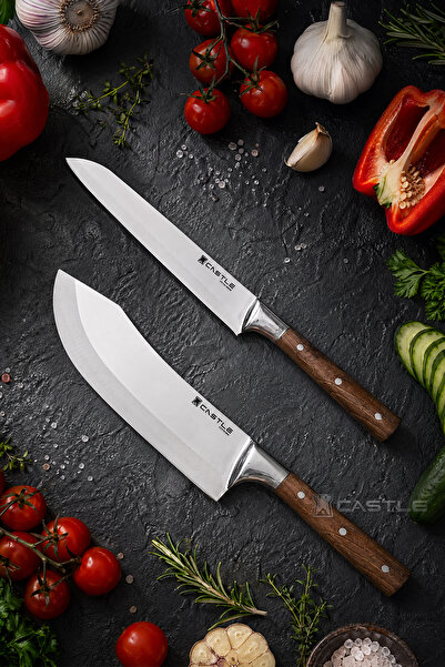 CASTLE KITCHEN Hand Craft Mutfak Bıçak Seti Et Ekmek Sebze Şef Bıçağı 2 Li Se...