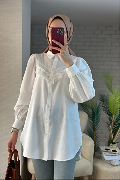 Modamorfo Πουκάμισο από ακατέργαστο λινό με μανίκια μπαλόνι και φούντες γκιπο...