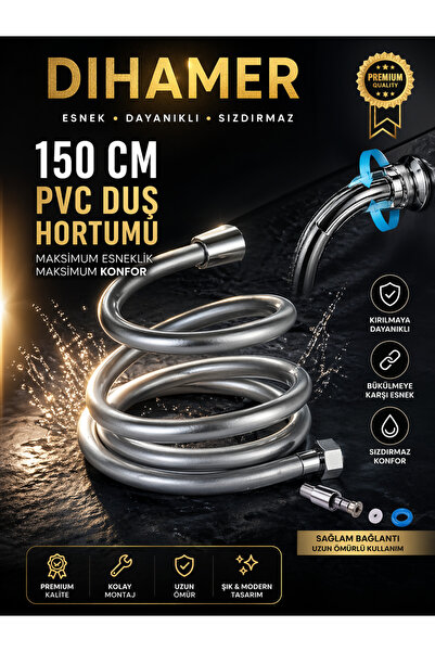 Dihamer GRİ 150 cm PVC Duş Hortumu – Esnek, Dayanıklı, Sızdırmaz Krom Bağlantılı Universal Duş Başlığı Hortumu