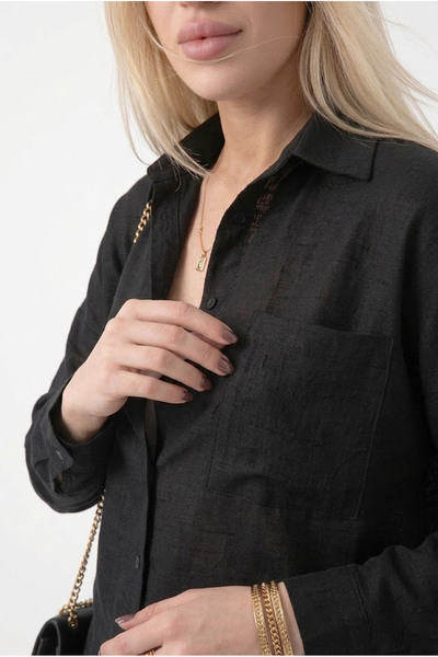 ECOTİQUE Women's Black Linen Shirt 100% Cotton Loose Linen Shirt with Pockets Long Sleeve Shirt