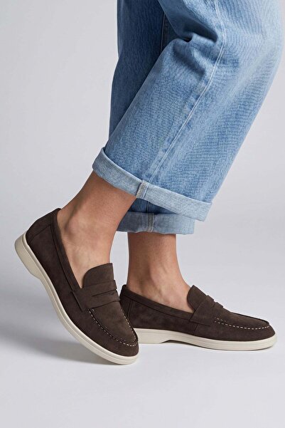 Modezya Γυναικεία Loafer Παπούτσια Martina Brown Suede με Οβάλ Μύτη και Επίπε...
