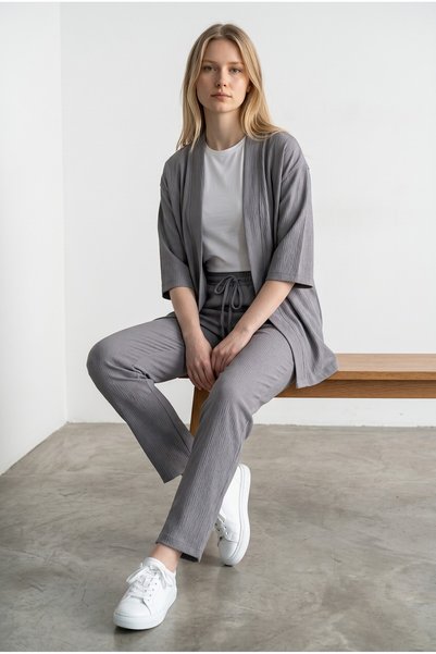 ORLONTEX Women's Smoke Gray Kimono Wrap Top and Bottom Set