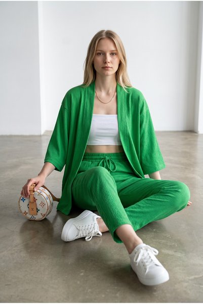 ORLONTEX Women's Light Green Kimono Wrap Top and Bottom Set