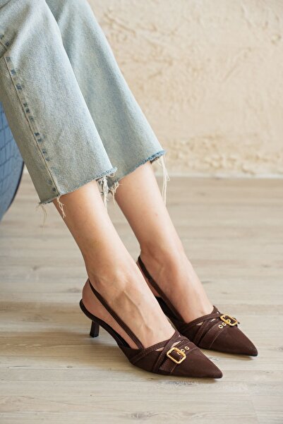 MODAADAM Γυναικεία παπούτσια Paris με λεπτό κοντό τακούνι - Καφέ-Σουέντ