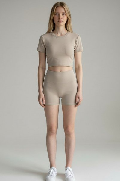 Geco Women's Beige Gathering Mini Leggings & Crop T-Shirt Bottom-Top Set Sports Shorts Leggings Set