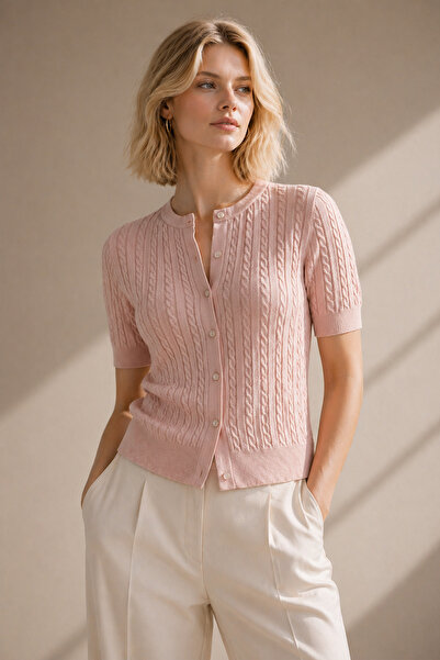 Ferraro Ροζ βαμβακερή κοντομάνικη εποχιακή γυναικεία ζακέτα πλεκτό