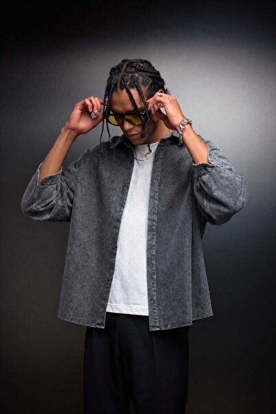 Slatra Men's Gray Washed Effect Long Sleeve Oversize Shirt