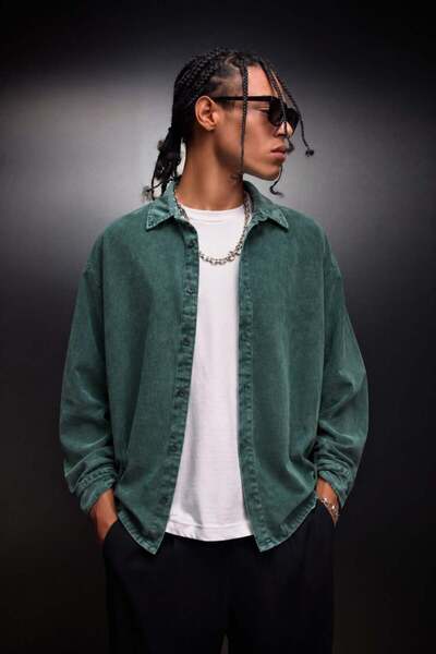 Slatra Men's Green Washed Effect Long Sleeve Oversize Shirt