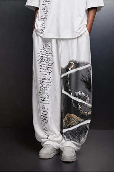 Slatra Men's White Conductor Printed Segmented Baggy Tracksuit