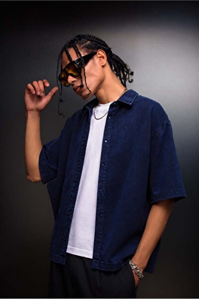 Slatra Men's Indigo Wash Effect Short Sleeve Oversize Shirt