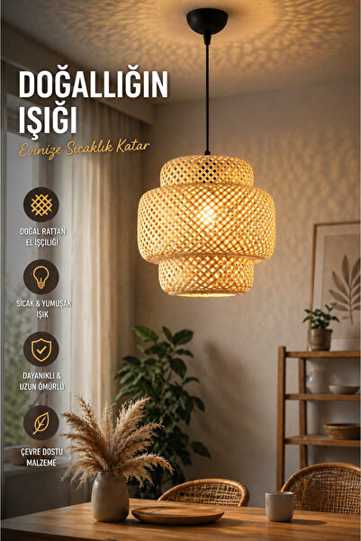 ANGDESİGN Naturel 3 Katlı Hasır Tekli • Rattan Bohem Sarkıt Avize Modern Tasa...