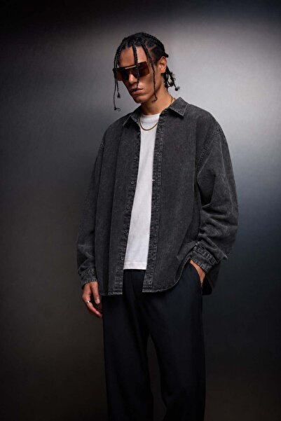 Slatra Men's Anthracite Washed Effect Long Sleeve Oversize Shirt