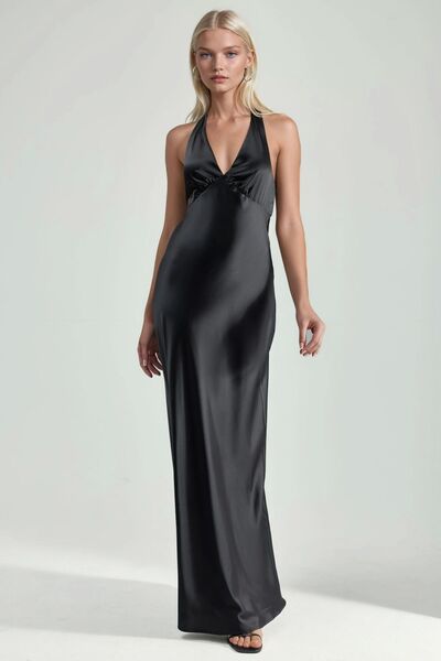 Hiccup Satin maxi dress with V-neck and tie at the back of the neck