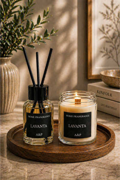 homeartplus Lavanta Kokulu Ahşap Fitilli Mum Ve Oda Kokusu Seti ( Altlık Hari...