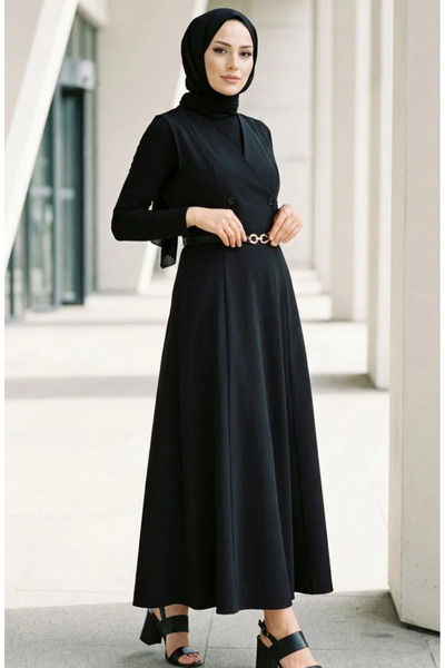 sefamerve Φόρεμα με κοντό μανίκι με κουμπιά και ζώνη 5095-02 Μαύρο