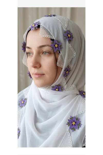 NUMİSTORE Needle-Embroidered White Color Prayer Mat with Prayer Beads