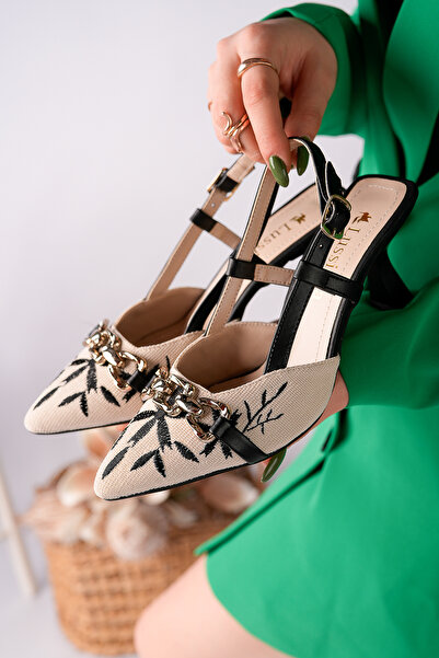 Moda Hanım Γυναικεία μαύρα λινά παπούτσια με τακούνι με ανοιχτή πλάτη